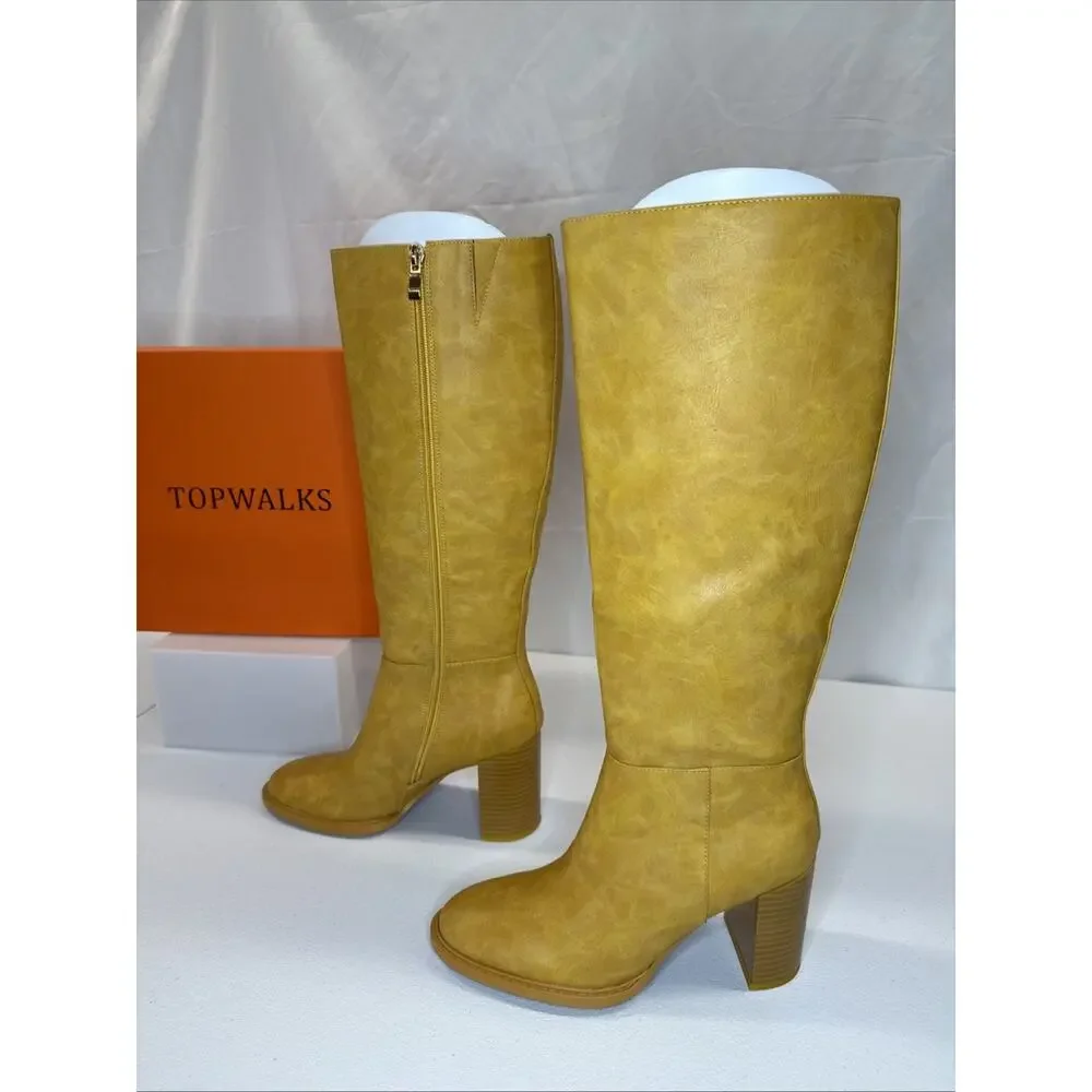 TopWalks Women's Knee High Boots Chunky Block Heel Banana-Yellow Size 6.5